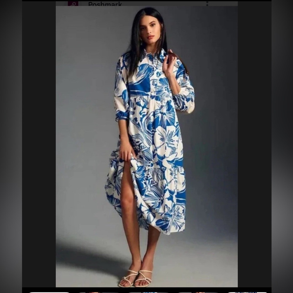 Anthropologie Bettina Blue and White Floral Long Sleeve Dress M